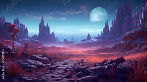 Fantasy alien planet. Mountain and river. 3D illustration.