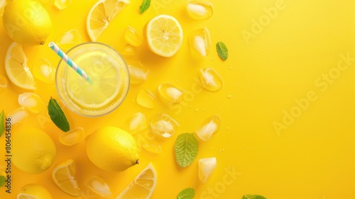 Overhead view of fresh lemons, mint, and glass lemonade with straw on yellow background