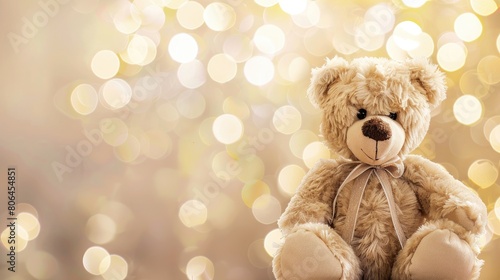 Front view of toy teddy bear seated against bokeh background. Childhood nostalgia. Ai Generated