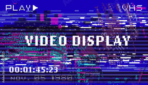 Glitched and distorted VHS screen with pixel noise.