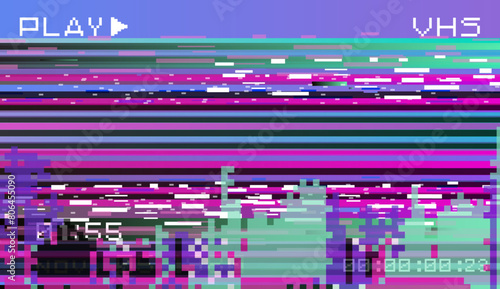 Retro VHS background with glitch camera effect. Old video Tape rewind. 