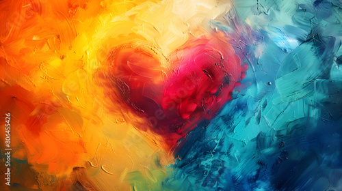 Love shape abstract painting with vibrant energy explodes on the canvas.  Bold brushstrokes of yellow, orange, and red contrasting with the cooler blues and green photo