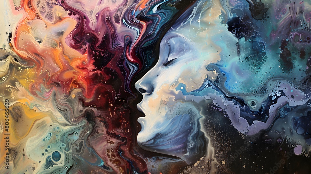 Naklejka premium Human face in the ink art fluid. Creative Flow concept with the state of mind during artistic or creative endeavors.