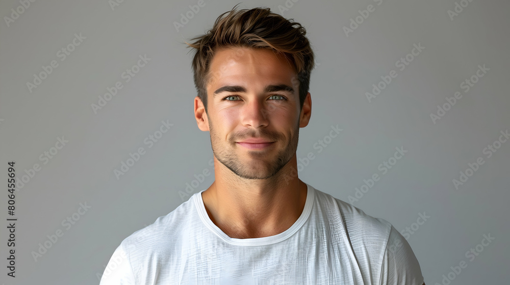 casual studio portrait of a young male model in a white t-shirt casual studio portrait of a young male model in a white t-shirt