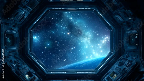 Animated background of space view from spaceship window. looping time-lapse video photo