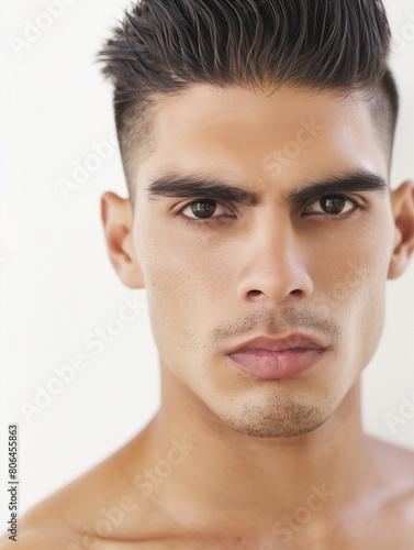 studio portrait of a young latino man with a white background