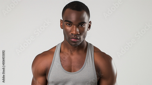 portrait of a black man in a gray tank top with a light background