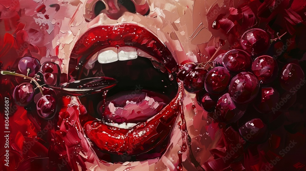Artistic depiction of luscious lips tasting fresh cherries, painted in vivid red tones Artistic depiction of luscious lips tasting fresh cherries, painted in vivid red tones