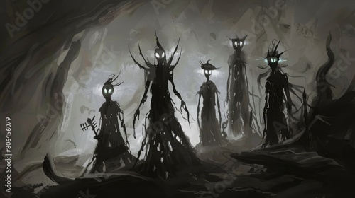 Creepy silhouettes of spiritual creatures haunting a soul in the otherworld, Ai Generated © Crazy Juke