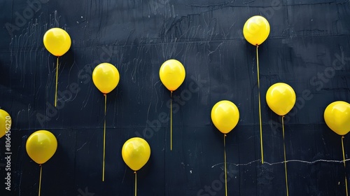 Yellow balloons float against black wall  evoking a festive vibe. Celebration in the air. Ai Generated