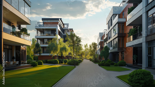 New modern apartment buildings, landscape design and urbanization.