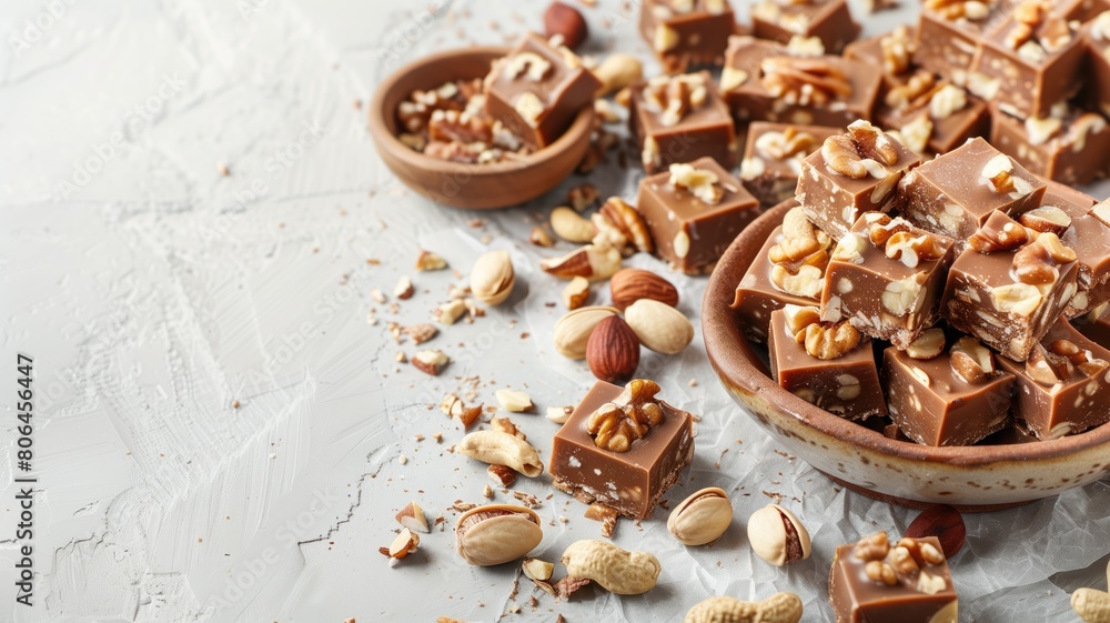 Chopped chocolate with nuts on white textured background Chopped chocolate with nuts on white textured background