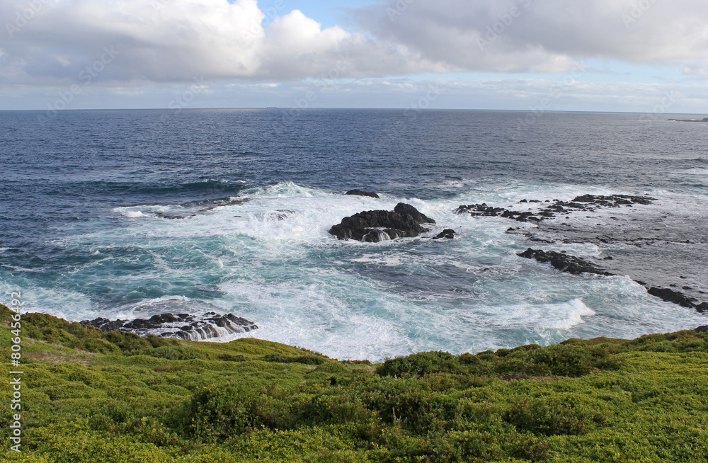 Rocky coastline, ocean waves and grass at The Nobbies on Phillip Island, Victoria, Australia