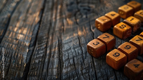 Wooden numeric cubes on textured dark wood surface, with scattered arrangement