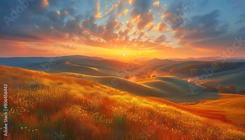 Rolling hills ablaze with the colors of autumn, stretching beneath a vibrant sunset sky