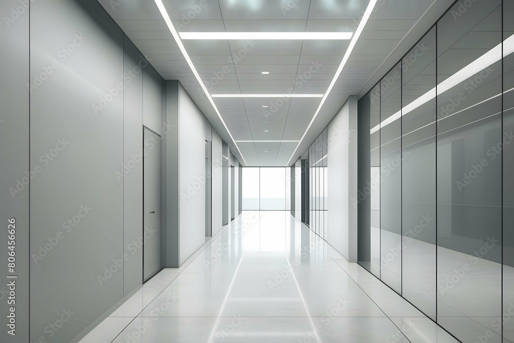 Obraz premium Long corridor with glass reflection wall and ceiling lights