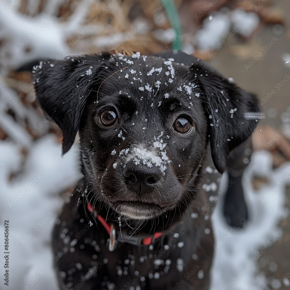 A cute black puppy dog with snow on its nose looks up at the camera with big brown eyes.