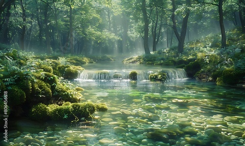 A tranquil forest stream, its clear waters babbling softly over mossy stones