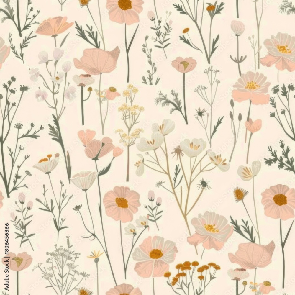 Seamless Small Floral Pattern in Muted Pink, Blush Pink, Soft Orange, Creamy Beige, and Gold Pastel Colors on a Cream Background Seamless Small Floral Pattern in Muted Pink, Blush Pink, Soft Orange, Creamy Beige, and Gold Pastel Colors on a Cream Background