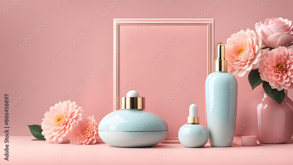 A display of perfume bottles and vases with pink flowers in the background A display of perfume bottles and vases with pink flowers in the background