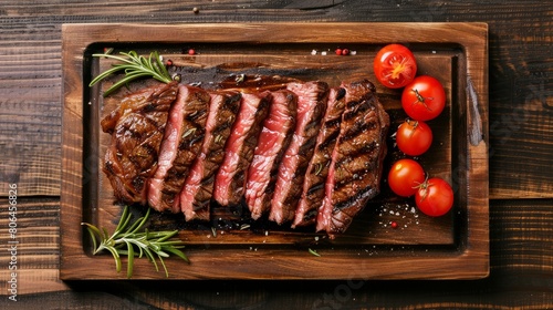 Medium ribeye slices steak on the wooden tray with tomato and rosemary  background top view