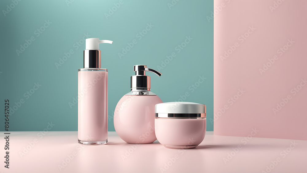 Three bottles of pink makeup sit on a table Three bottles of pink makeup sit on a table