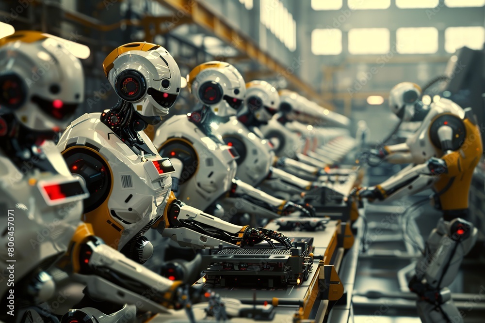Robot aiding workers on a factory assembly line, enhancing efficiency and precision in manufacturing operations for streamlined production. Robot aiding workers on a factory assembly line, enhancing efficiency and precision in manufacturing operations for streamlined production.