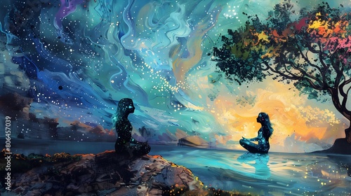 Mindfulness meditation in oil panting art illustration