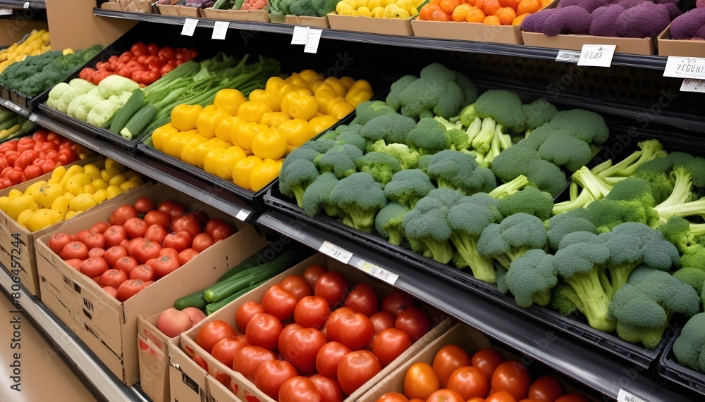 Assorted fresh vegetables and fruits displayed on shelves in a grocery store, including broccoli, tomatoes, peppers, and apples
