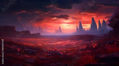Fantasy alien planet. Mountain and lake. 3D illustration. © Michelle
