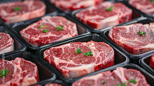 Red rib eye meat for sale in meat department in a shop. Raw fresh meat ribeye for steak perfectly arranged in trays. photo