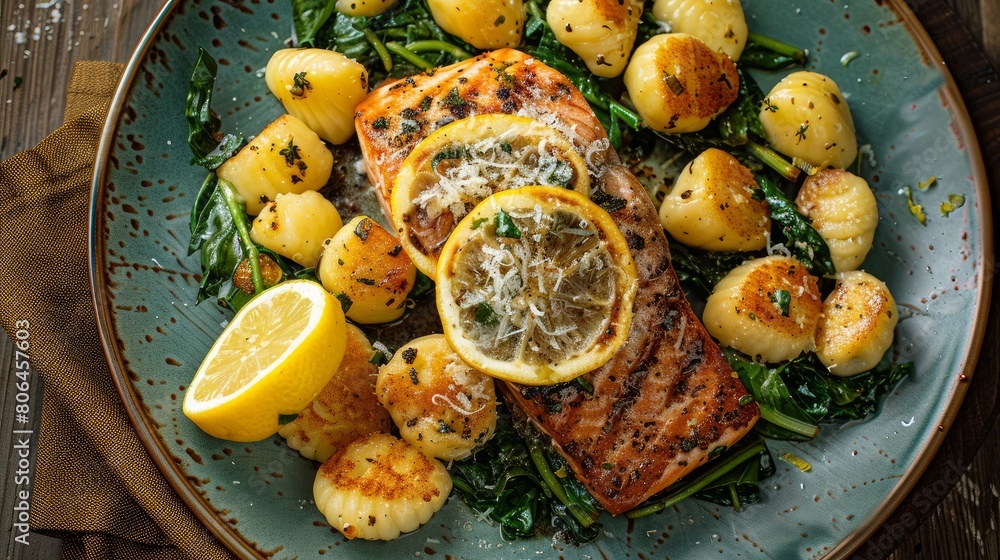 Seared salmon steak with gnocchi and lemon slices served on wooden table Seared salmon steak with gnocchi and lemon slices served on wooden table