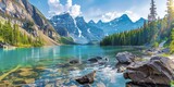 A beautiful lake surrounded by mountains with a clear blue sky