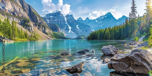 A beautiful lake surrounded by mountains with a clear blue sky photo