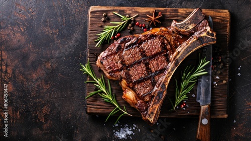 The T-bone or porterhouse steak of beef cut from the short loin. steaksT-shaped bone with meat on each side. banner, catering menu recipe place for text. photo