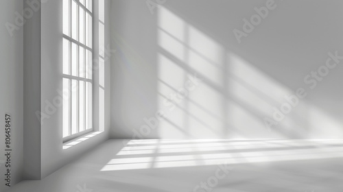 Abstract white studio background for product presentation. Empty room with shadows of a window. Display product with blurred backdrop 