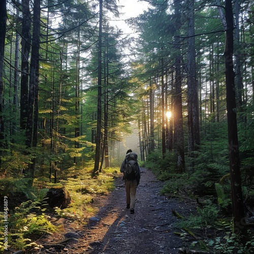 The photo shows a person walking on a forest trail. The sun is shining through the trees. The forest is green and lush. The path is made of dirt and is surrounded by trees.