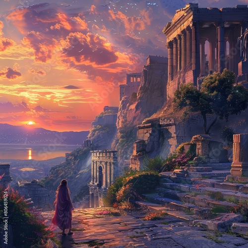 Thessaly under sunset, an ancient Greek city. photo