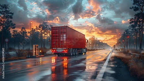 A red container truck passing through a toll booth on a highway. photo