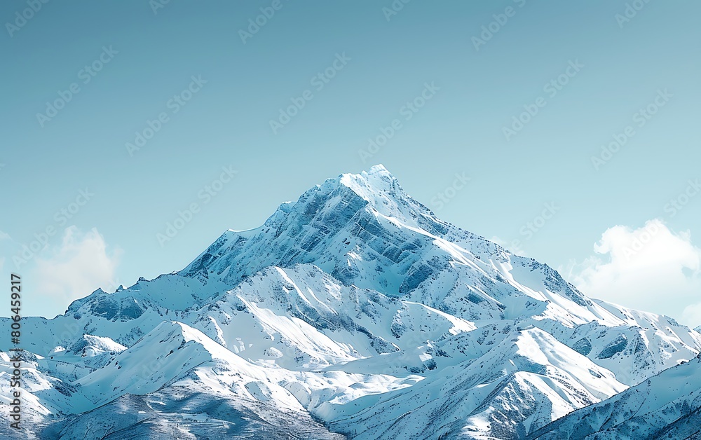 A snowy mountain peak, rising majestically against a clear winter sky