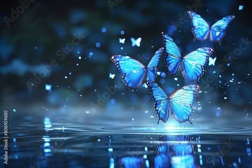 Butterfly shining beautifully pale on a lake at night, Copy Space,Space for text,Generative AI,夜の湖に綺麗に青白く輝いている蝶、コピースペース,テキスト用スペース,Generative AI, photo