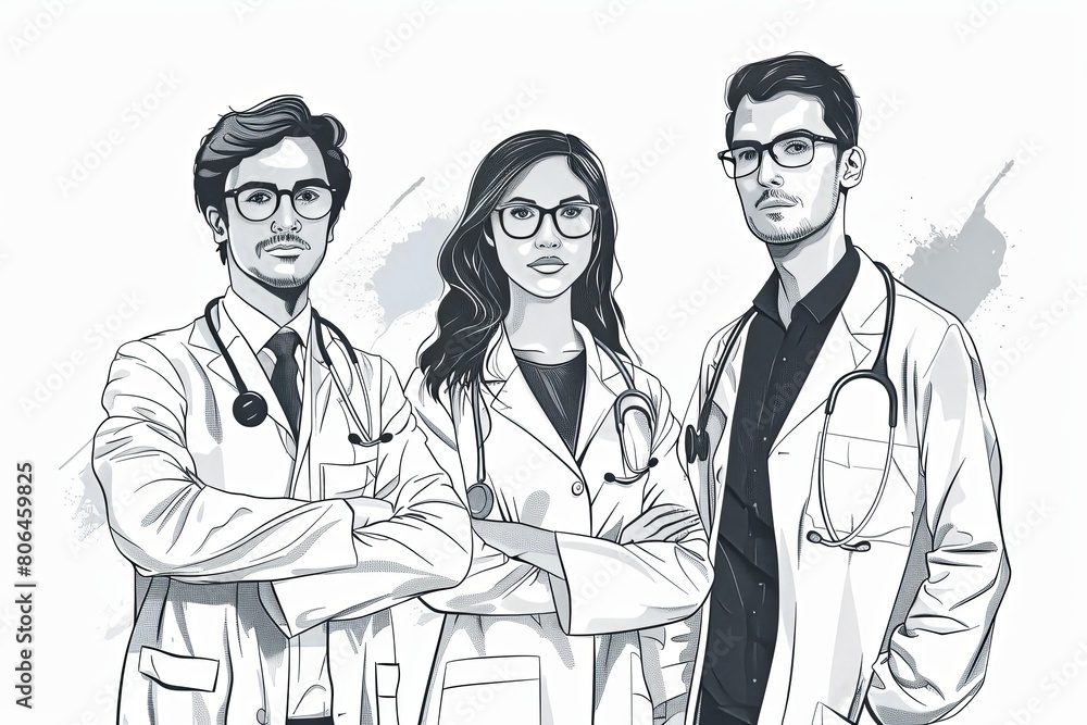 A drawing featuring three doctors standing next to each other, symbolizing a medical team concept. Generative AI A drawing featuring three doctors standing next to each other, symbolizing a medical team concept. Generative AI