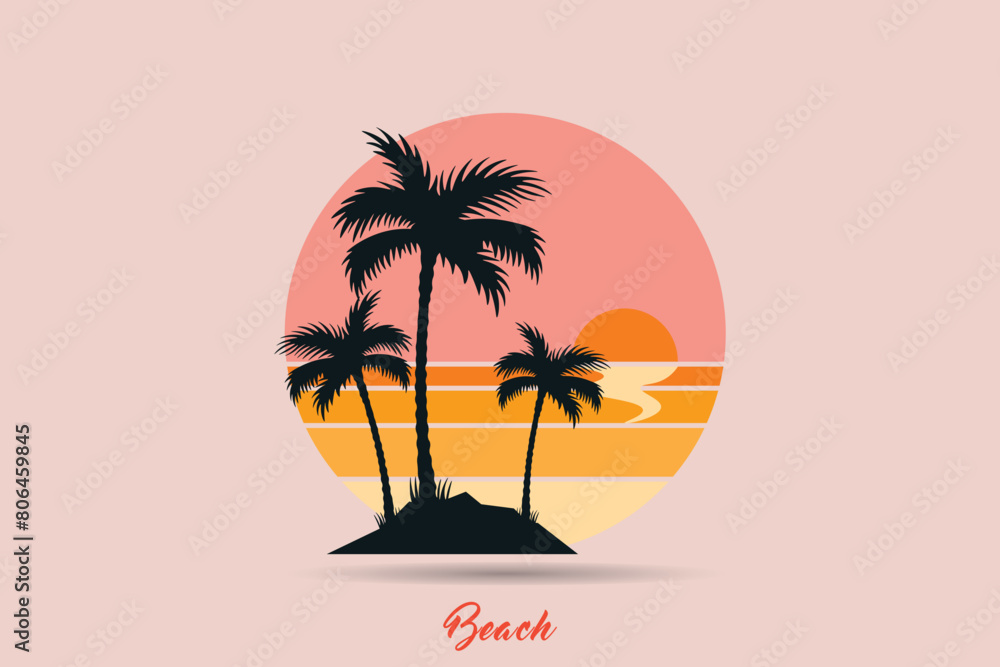 custom made wallpaper toronto digitalRetro beach logo, Retro Sunset Beach Logo in 80s and 90s style. Abstract sun in the background.