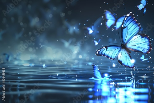 Butterfly shining beautifully pale on a lake at night, Copy Space,Space for text,Generative AI,夜の湖に綺麗に青白く輝いている蝶、コピースペース,テキスト用スペース,Generative AI,
