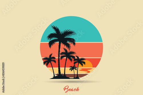 Retro beach logo, Retro Sunset Beach Logo in 80s and 90s style. Abstract sun in the background.