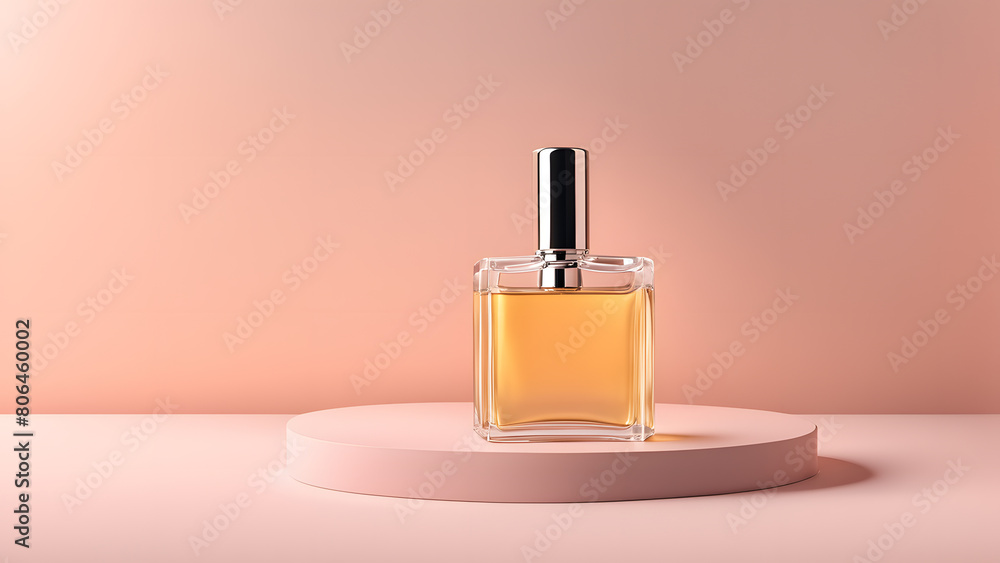 A bottle of perfume is sitting on a pink surface A bottle of perfume is sitting on a pink surface