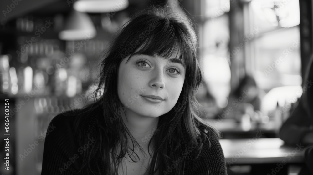 Portrait of a beautiful young woman in a cafe. Black and white photo. Portrait of a beautiful young woman in a cafe. Black and white photo.
