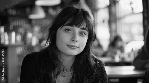 Portrait of a beautiful young woman in a cafe. Black and white photo.