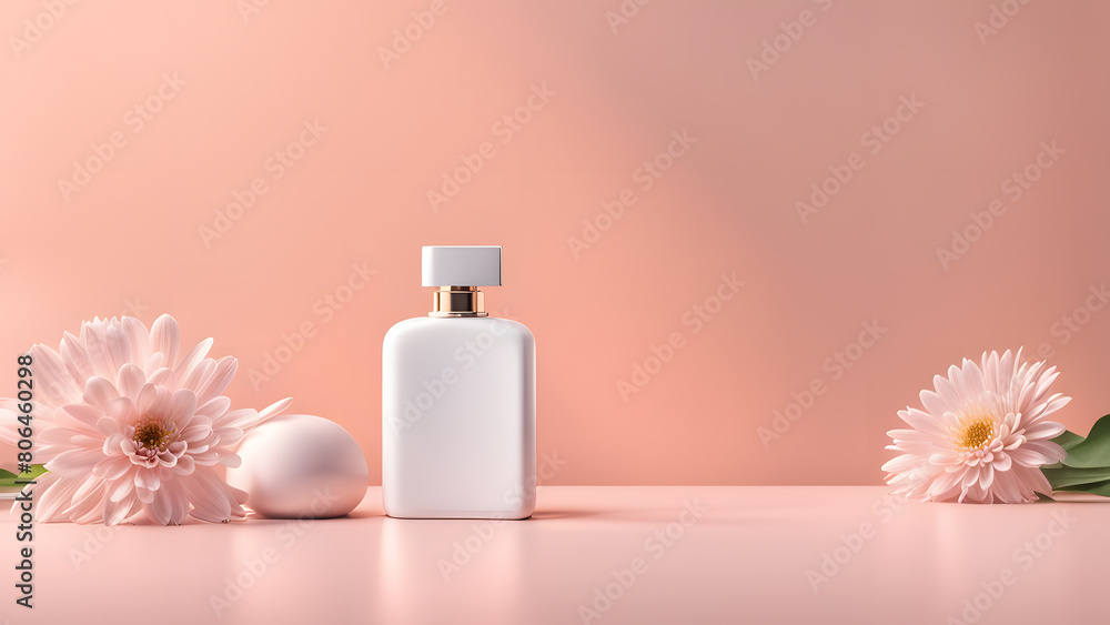 A bottle of perfume is on a table next to a bunch of pink flowers A bottle of perfume is on a table next to a bunch of pink flowers