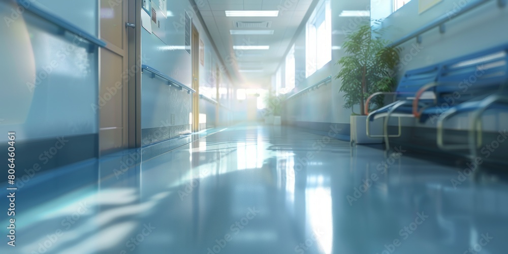 A hospital hallway with a blue door and a green plant A hospital hallway with a blue door and a green plant